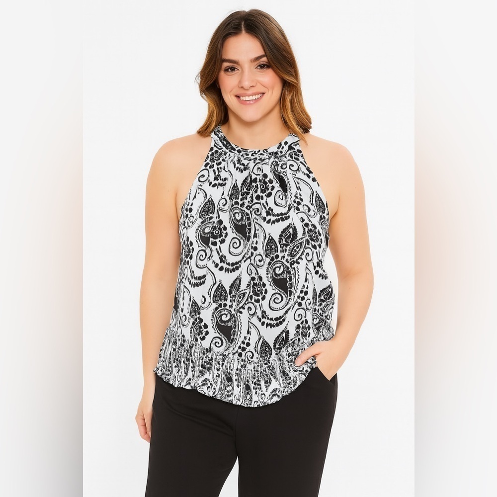 Cato Black and White Sleeveless Ruffled Blouse